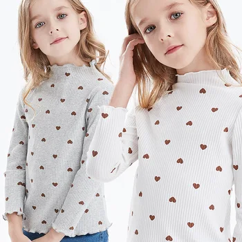 Naują Pavasario rudens Mergaitėms ilgomis rankovėmis O kaklu T-shirt Dugno Marškinėliai Medvilnės Mados širdies spausdinimo Vaikų viršūnes 90-150cm