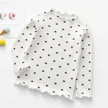 Naują Pavasario rudens Mergaitėms ilgomis rankovėmis O kaklu T-shirt Dugno Marškinėliai Medvilnės Mados širdies spausdinimo Vaikų viršūnes 90-150cm
