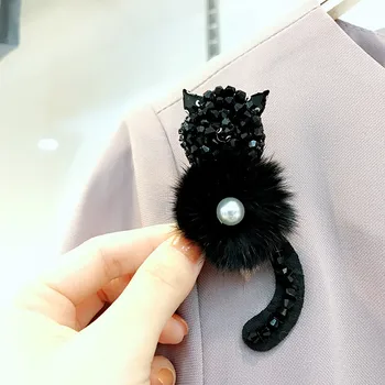 Naujų Moteris Sagės Cute Kačių Dizaino Krištolo Pompon Corsage Mados Panele Tinka Megztinis Priedai