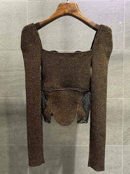 Nemokamas pristatymas seksualus aikštėje apykaklės skylėtas atgal sujungimas nėrinių netaisyklinga, ryškus trikotažo, šilko megztinis (puloveris ponios rudenį naujų mados