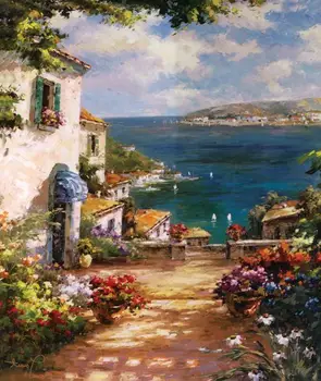 Nemokamas pristatymas viduržemio jūros house kelių kraštovaizdžio įspūdis, marina aliejaus tapybai, drobė spausdinama ant drobės, apdailos nuotrauką