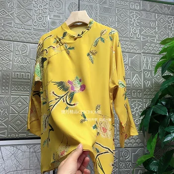 Nepakeičiamas Temperamentas Spinta Kinų Stiliaus Qipao Apykaklės Šilko Viduryje Rankovėmis Atspausdintas Shirt 320