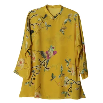 Nepakeičiamas Temperamentas Spinta Kinų Stiliaus Qipao Apykaklės Šilko Viduryje Rankovėmis Atspausdintas Shirt 320