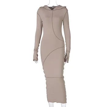 NewAsia Hoodie Suknelė Padalinta Ilgomis Rankovėmis Tiesiai Bodycon Suknelės Midi Vestidos Atsitiktinis Moterų Chaki Chalatai Seksualus Streetwear 2020 M. Rudenį