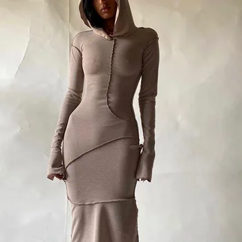 NewAsia Hoodie Suknelė Padalinta Ilgomis Rankovėmis Tiesiai Bodycon Suknelės Midi Vestidos Atsitiktinis Moterų Chaki Chalatai Seksualus Streetwear 2020 M. Rudenį