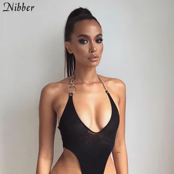 Nibber vasaros seksualus Metalo grandinės dirželis juodos spalvos be rankovių Moterims bodysuits 2019 naujas lady Mados Backless Laisvalaikio atostogų jumpsuits