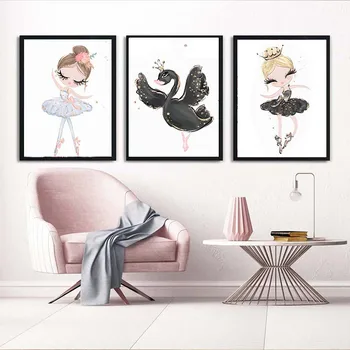 Nordic Swan Baleto Šokėja Mergina Arklių Animacinių filmų Sienų Paveikslai Tapyba Plakatas Ir Spausdinimo Sienos Menas Nuotraukų vaikams Miegamasis Namų Dekoro