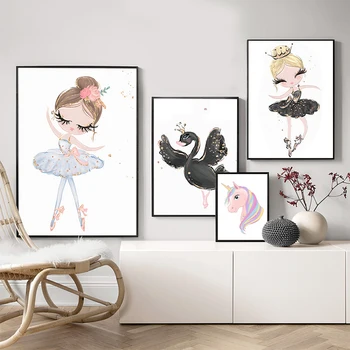 Nordic Swan Baleto Šokėja Mergina Arklių Animacinių filmų Sienų Paveikslai Tapyba Plakatas Ir Spausdinimo Sienos Menas Nuotraukų vaikams Miegamasis Namų Dekoro