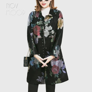 Novmoop 2019 m. rudens žiemos retro gėlių spausdinti, avikailio originali odinė striukė moterims plonas ilgas kailis chaqueta mujer LT2841