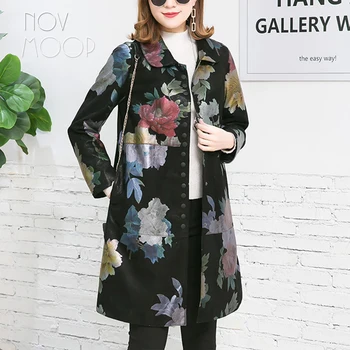 Novmoop 2019 m. rudens žiemos retro gėlių spausdinti, avikailio originali odinė striukė moterims plonas ilgas kailis chaqueta mujer LT2841