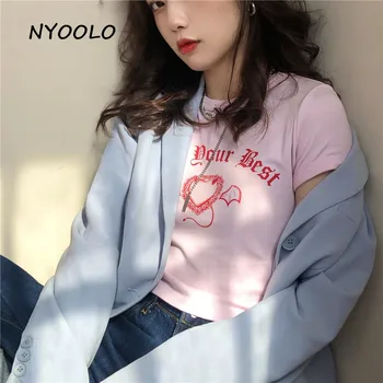 NYOOLO Harajuku stilius širdies sparnai Gotikos raštais spausdinti Slim trumpas rankovės rožinė T-shirt moterims 2020 metų vasaros, O-kaklo marškinėliai, topai
