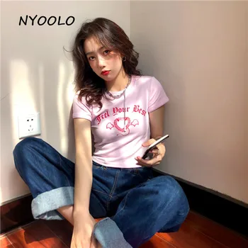 NYOOLO Harajuku stilius širdies sparnai Gotikos raštais spausdinti Slim trumpas rankovės rožinė T-shirt moterims 2020 metų vasaros, O-kaklo marškinėliai, topai
