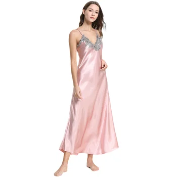 Nėriniai Naktį Suknelė Rožinės spalvos moteriškas chalatas Ponios Ilgos Nakties Chalatai Juoda Moterų Sleepwear Šilko naktiniai drabužiai V-kaklo Plius, apatinis Trikotažas Padažu Suknelė