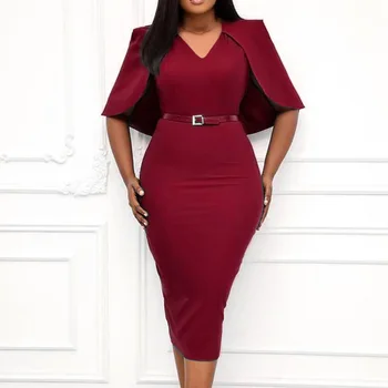 Office Lady Plus Suknelė Mados Paprastas Elegantiškas 2021 M. Pavasarį Netikrą Du Skara Pieštuku Diržas V-kaklo Afrikos Vakarienė Midi Skraiste Vestiods