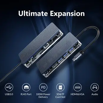 ORICO Skaidrus USB C HUB Dokas Splitter C Tipo Multi USB 3.0 HDMI PD RJ45 Carder Reader 
