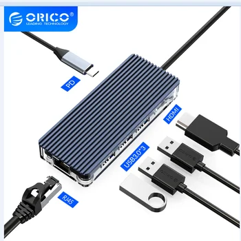 ORICO Skaidrus USB C HUB Dokas Splitter C Tipo Multi USB 3.0 HDMI PD RJ45 Carder Reader 