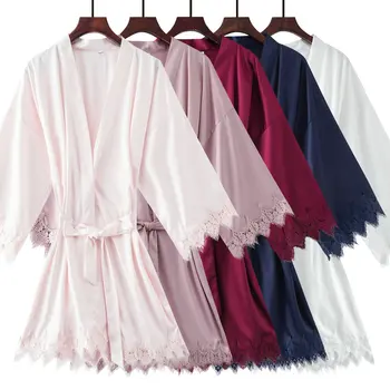 Owiter 2019 Naujas Moterų Matinis Satino Nėriniais Skraiste su Trim Nuotakos Vestuvių Apdarą Nuotaka Bridesmaid Kimono Rūbeliai Chalatas Sleepwear