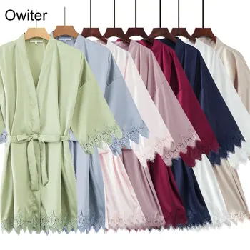 Owiter 2019 Naujas Moterų Matinis Satino Nėriniais Skraiste su Trim Nuotakos Vestuvių Apdarą Nuotaka Bridesmaid Kimono Rūbeliai Chalatas Sleepwear