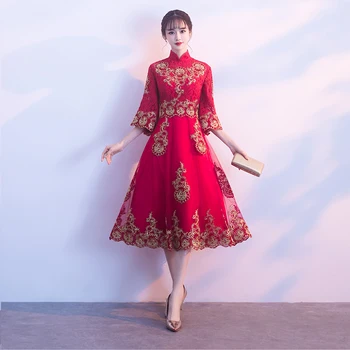 Pagerėjo Rankovėmis Moterims Trumpas Cheongsam Kinijos Tradicinių Nėrinių Siuvinėjimo Suknelės Naujovė Mandarinų Apykaklės Qipao Vestidos