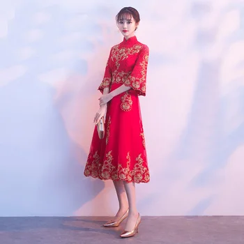 Pagerėjo Rankovėmis Moterims Trumpas Cheongsam Kinijos Tradicinių Nėrinių Siuvinėjimo Suknelės Naujovė Mandarinų Apykaklės Qipao Vestidos