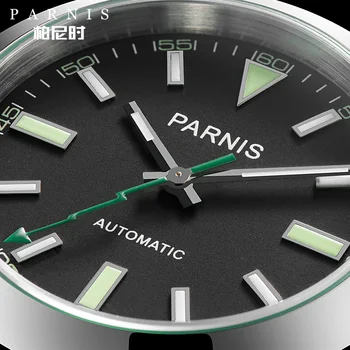 Parnis Mens Watch 40mm Mechaninė Sapphire Kristalas Atsitiktinis Odos Šviesos Vandeniui Vyrų Automatinis laikrodis