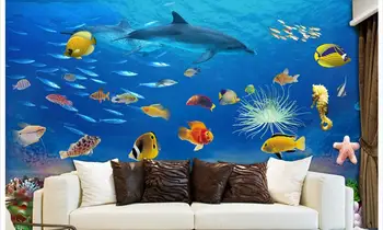 Pasirinktinius nuotraukų 3d tapetai, neaustiniai freskos siena lipdukas 3 d Delfinų, žuvų, koralų tapybos 3d kambario sienos freskomis tapetai