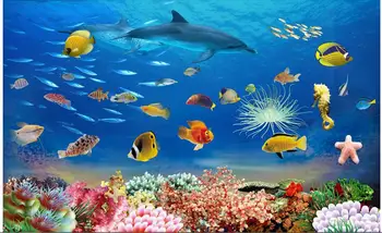 Pasirinktinius nuotraukų 3d tapetai, neaustiniai freskos siena lipdukas 3 d Delfinų, žuvų, koralų tapybos 3d kambario sienos freskomis tapetai