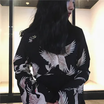 Pasukite Žemyn Apykaklės Spausdinti Paukštis, Kinų Stiliaus Marškinėliai Moterims 2020 M. Pavasario Vasaros Ilgomis Rankovėmis Moteriška Palaidinės Derliaus Panele Laisvalaikio Viršūnės