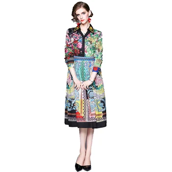 Pavasarį, Rudenį Spausdinti Midi Plisuotos Suknelė Dizaineris Kilimo Ir Tūpimo Tako Suknelės 2019 Moteris Aukštos Kokybės Mados Boho Derliaus Suknelės Skraiste Femme
