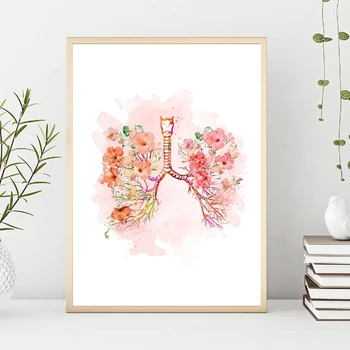 Plaučius Ir Rožinės Spalvos Gėlių Spausdinti Bronchų Akvarelė Medicinos Anatomijos Nuotraukos Sienos Meno Tapybos Drobės Medicinos Gydytojas Biuro Dekoras
