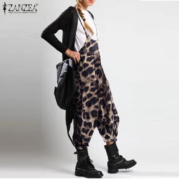 Plius Dydis Moteris, Leopardas Spausdinti Jumpsuits ZANZEA Mados Vasaros darbo drabužiai Atsitiktinis Kritimas Tarpkojo Kelnes Playsuits Moterų Dirželis Rompers