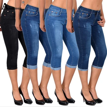 Plius dydis S-5XL Džinsai Skinny Džinsai Moterims Stretch Vintage Rankogaliai Ripped Jeans 2019 Naujus moteriškus Elastinga Blauzdos Ilgio Kelnės, Džinsai
