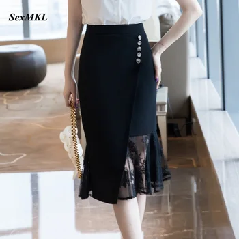 Plus Size Nėrinių Kratinys Sijonai Moterų 2020 M. Mados Aukštos Juosmens Juodas Sijonas, Seksuali Moteris Korėjos Drabužių Office Elegantiškas Midi Sijonas