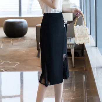 Plus Size Nėrinių Kratinys Sijonai Moterų 2020 M. Mados Aukštos Juosmens Juodas Sijonas, Seksuali Moteris Korėjos Drabužių Office Elegantiškas Midi Sijonas
