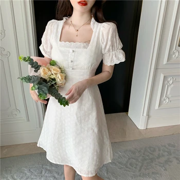 Prancūzijos saldus žakardo aikštėje apykakle suknelė vasaros trumparankoviai juosmens-line balti tuščiaviduriai iš suknelės vestidos