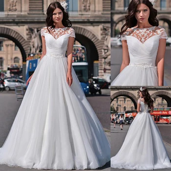 Puikus Tiulio A-line Wedding Dresses Ruched Tiulio trumpomis Rankovėmis, Nuotakos Suknelė Nėriniai Atgal vestido de novia princesa
