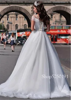 Puikus Tiulio A-line Wedding Dresses Ruched Tiulio trumpomis Rankovėmis, Nuotakos Suknelė Nėriniai Atgal vestido de novia princesa