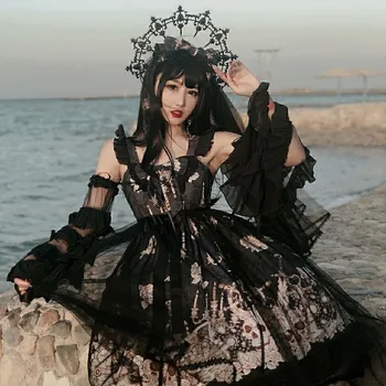 QWEEK Gothic Lolita Dress Goth 2021 M. Vasarą Gotikos Harajuku Kawaii Mielas Suknelė Nėriniai-up Raukiniai Cosplay Kostiumas Šalis Suknelė JSK