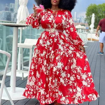 Raudonos spalvos Gėlių Spausdinti Moterų Suknelė Negabaritinių 5XL Linijos Boho Atsitiktinis ilgomis Rankovėmis Pavasario 2020 Maxi Ilgio Suknelės, Plius Dydis Afrikos