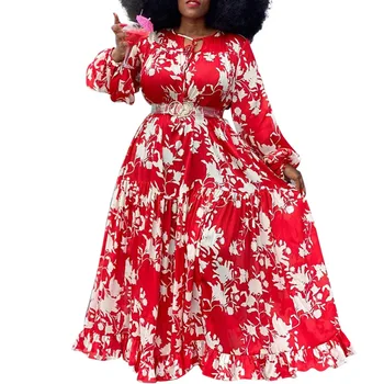 Raudonos spalvos Gėlių Spausdinti Moterų Suknelė Negabaritinių 5XL Linijos Boho Atsitiktinis ilgomis Rankovėmis Pavasario 2020 Maxi Ilgio Suknelės, Plius Dydis Afrikos