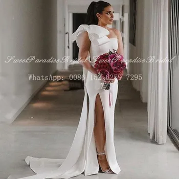 Realios Nuotraukos Baltos Spalvos Undinė Bridesmaid Dresses 2021 Lankas Streamer Vieno Peties Pusėje Padalinta Ilgai Vestuvės Dress Suknelė