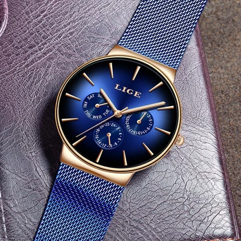 Relogio Masculino LIGE Naujas Blue Laikrodis Mens Watches Top Brand Prabanga Atsitiktinis Tinklelio Diržo Nerūdijančio Plieno, Kvarcas Žiūrėti Vyrams,+Box