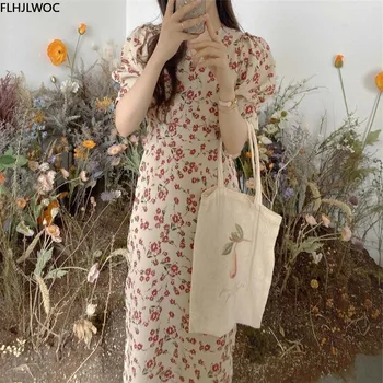 Retro Vintage Ilga Suknelė Vasarai Trumpas Rankovės Temperamentas Lady Gėlių Spausdinti Mielas Prašmatnus Japonijos Korėjiečių Suknelės Flhjlwoc Vestidos
