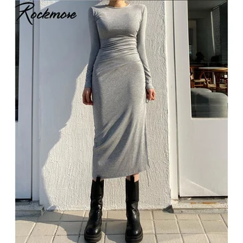 Rockmore Plisuotos Pusės Split Madi Suknelė Moterims Ilgomis Rankovėmis Bodycon Seksualus Suknelės Apvalios Kaklo Streetwear Sundresses Vakarėlis