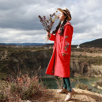 Rudenį 2019 Moterų Rudenį Atsitiktinis Palaidų Saldus Raudonų Nėrinių Ilgos Tranšėjos Paltai Ponios Elegantiška Siuvinėjimas Gobtuvu Drabužius casacas para mujer