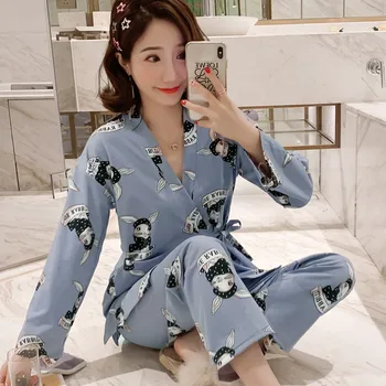 Rudenį 2020 kimono spausdinti moterų pižama, nauja ilgomis rankovėmis megztinis moterų pižama namų paslauga kostiumas (siųsti užrištomis akimis)