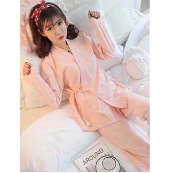 Rudenį ilgomis rankovėmis kimono stiliaus pajama komplektai moterims aukštos kokybės medvilnės moterų namų drabužių mergaičių kietas paprasta sleepwear