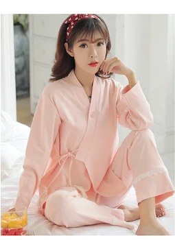 Rudenį ilgomis rankovėmis kimono stiliaus pajama komplektai moterims aukštos kokybės medvilnės moterų namų drabužių mergaičių kietas paprasta sleepwear