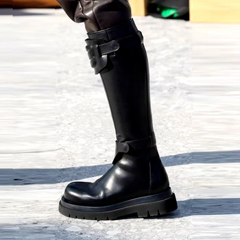 Rudenį, žiemą flatform riteris ilgi batai moterims, natūralios odos kelio batus aukštais aulais Britų stiliaus storio apačioje martin bateliai 2020 m.