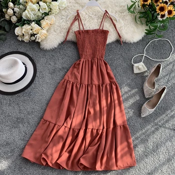 Saldus Moterų Suknelė 2019 High Juosmeniu be Rankovių Spageti Dirželis Nėrinių Suknelė Vasaros Derliaus Kietas-line Raukiniai Kelio ilgio Suknelė